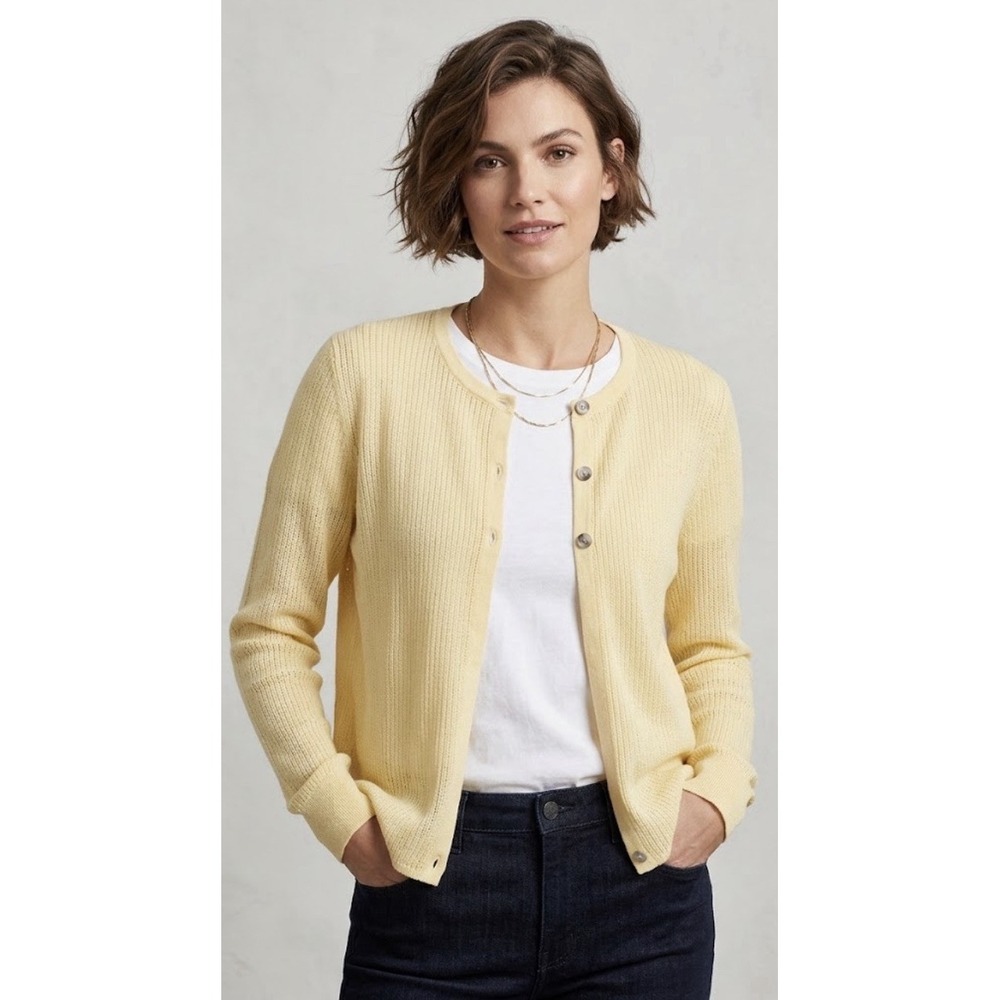 J McLaughlin Cardigan Sweater Open-Pointelle Light Butter Yellow 3 Button